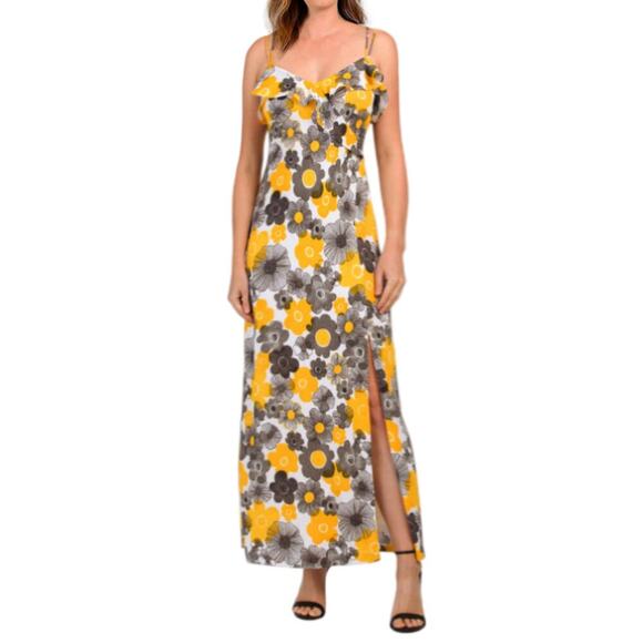 New Nicole Miller Women's Floral Print Ruffle Trim Front Slit Maxi Dress - Picture 1 of 6